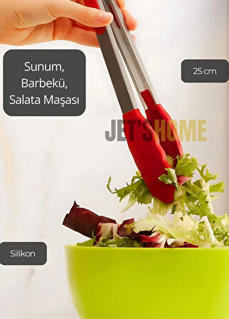 Sunum Maşası Barbekü Maşası Mangal Maşa Silikon Salata Maşası Kırmızı 25 cm