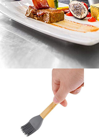 Yumurta Fırçası Ahşap Saplı Mutfak Fırçası Sos Fırçası Hamur Fırçası Silikon Gri 27 cm