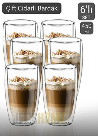 6’lı Set Büyük Latte Bardağı Cappuccino Bardağı Çift Cidarlı Bardak Americano Bardağı 450 ml