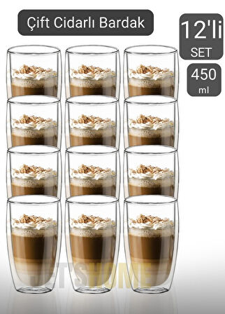 12’li Set Büyük Latte Bardağı Cappuccino Bardağı Çift Cidarlı Bardak Americano Bardağı 450 ml