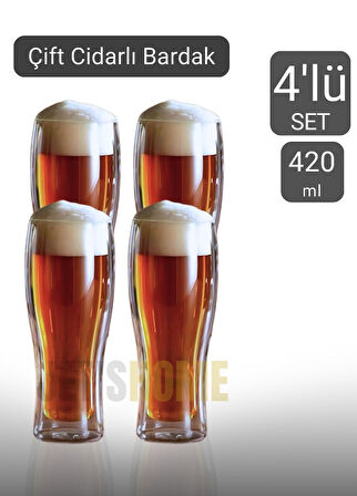 4’lü Set Bira Bardağı Kahve Bardağı Çift Cidarlı Bardak Meşrubat Bardağı 420 ml