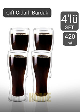 4’lü Set Bira Bardağı Kahve Bardağı Çift Cidarlı Bardak Meşrubat Bardağı 420 ml