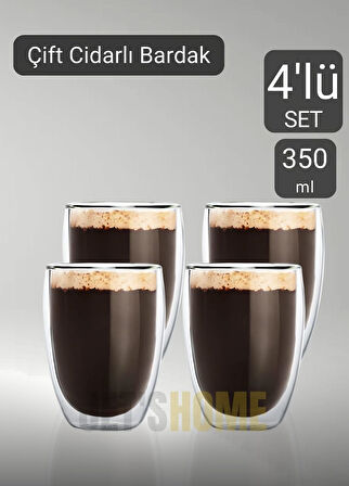 4’lü Set Latte Bardağı Cappuccino Bardağı Çift Cidarlı Bardak Americano Bardağı 350 ml Kahve Bardağı