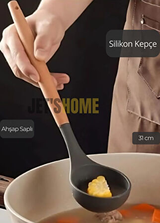 Silikon Kepçe Mutfak Kepçesi Ahşap Saplı 31 cm