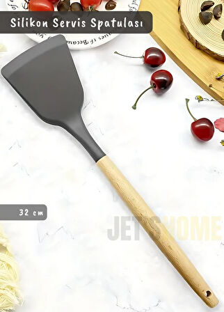 Silikon Servis Spatula Mutfak Kaşığı Pasta Spatulası Ahşap Saplı 32 Cm