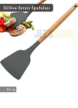 Silikon Servis Spatula Mutfak Kaşığı Pasta Spatulası Ahşap Saplı 32 Cm