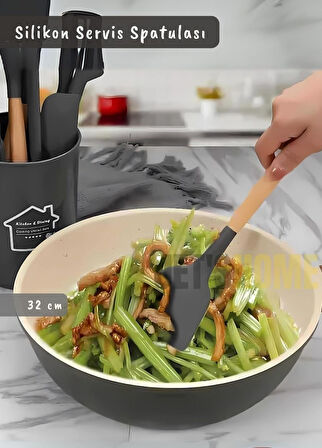 Silikon Servis Spatula Mutfak Kaşığı Pasta Spatulası Ahşap Saplı 32 Cm
