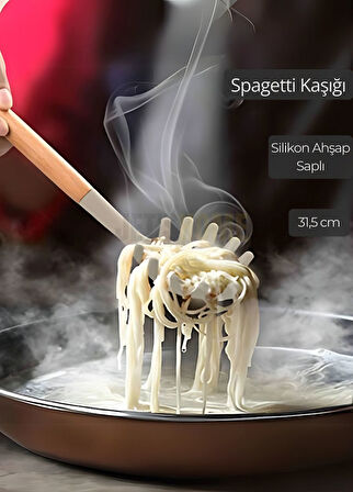 Silikon Spagetti Kaşığı Mutfak Kaşık Ahşap Saplı 31,5 cm