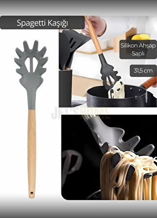 Silikon Spagetti Kaşığı Mutfak Kaşık Ahşap Saplı 31,5 cm