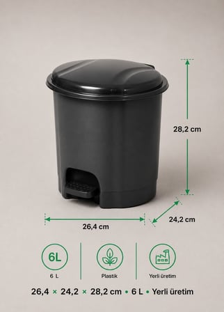 Antrasit Pedallı Çöp Kovası 6 L İçi Kovalı Hijyenik Banyo ve Makyaj Masası Tipi Küçük Boy Çöp Kutusu
