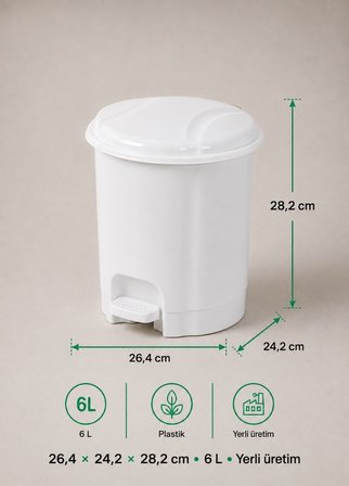 Beyaz Pedallı Çöp Kovası 6 L İçi Kovalı Küçük Boy Banyo Tuvalet ve Ofis Tipi Hijyenik Çöp Kutusu