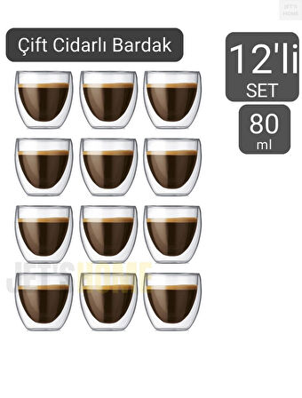 12’li Set Espresso Bardağı 80 ml Kahve Bardağı Çift Cidarlı Bardak Viski Bardağı