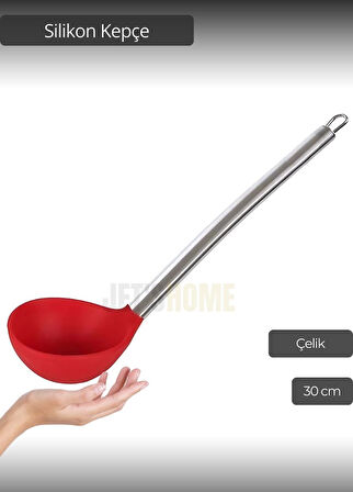 Silikon Kepçe Paslanmaz Saplı Servis Kepçesi Kırmızı 30 cm