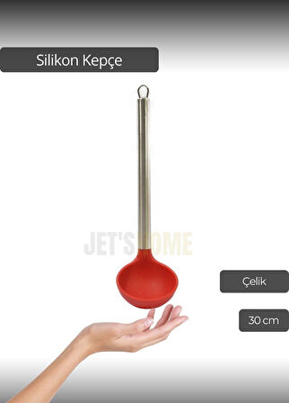 Silikon Kepçe Paslanmaz Saplı Servis Kepçesi Kırmızı 30 cm