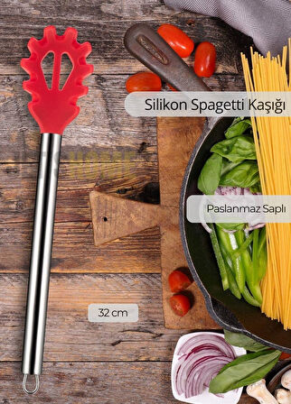 Silikon Spagetti Kaşığı Paslanmaz Saplı Kırmızı 32 cm