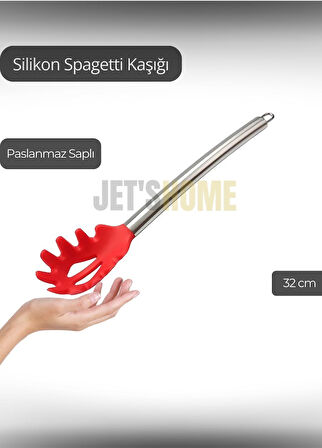 Silikon Spagetti Kaşığı Paslanmaz Saplı Kırmızı 32 cm