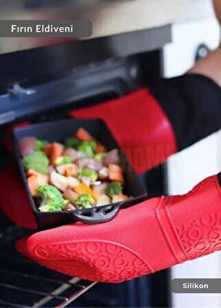 Silikon Fırın Eldiveni Yanmaz Yapışmaz Isıya Dayanıklı Kırmızı 41,5 cm