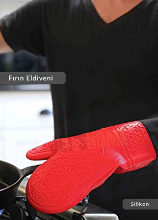 Silikon Fırın Eldiveni Yanmaz Yapışmaz Isıya Dayanıklı Kırmızı 41,5 cm
