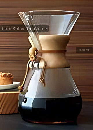 600 ml Chemex Cam Kahve Demleme Ahşap Tutacaklı Orta Boy 4 Bardak