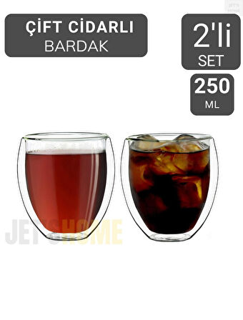 2’li Set Kahve Bardağı 250 ml Çay Bardağı Çift Cidarlı Bardak Cam Magnolya Bardağı