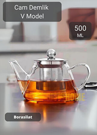 Cam Demlik V Model Bitki Çayı Demliği Çelik Süzgeçli Isıya Dayanıklı Borosilikat 500 ml