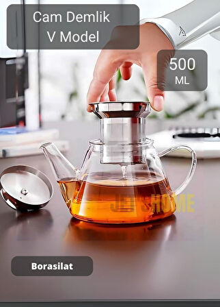 Cam Demlik V Model Bitki Çayı Demliği Çelik Süzgeçli Isıya Dayanıklı Borosilikat 500 ml