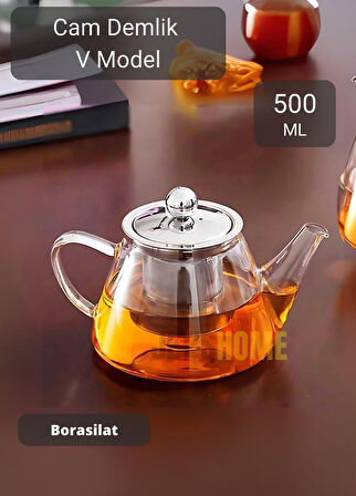 Cam Demlik V Model Bitki Çayı Demliği Çelik Süzgeçli Isıya Dayanıklı Borosilikat 500 ml