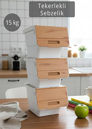 3’lü Bambu-Beyaz Tekerlekli Patateslik Soğanlık Oyuncak Kutusu Patates Soğan Sepeti Sebzelik 36 Lt