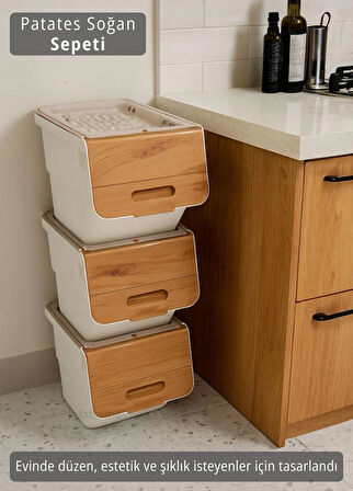 3’lü Bambu-Beyaz Tekerlekli Patateslik Soğanlık Oyuncak Kutusu Patates Soğan Sepeti Sebzelik 36 Lt
