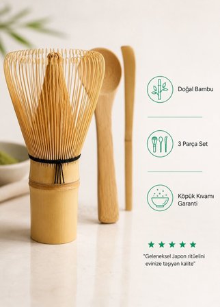 Matcha Çayı Hazırlama Bambu 3'lü Set - Geleneksel Japon Çay Seremoni Seti