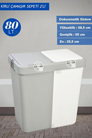 2’li Kirli Sepeti 80 Litre Çamaşır Sepeti Dokunmatik Motek Kirli Çamaşır Sepeti Gri-Beyaz