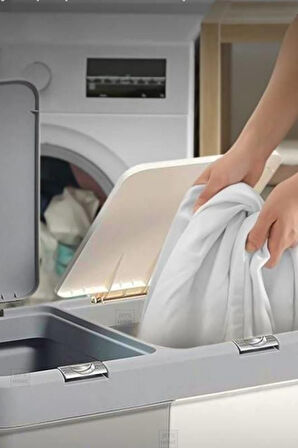 2’li Kirli Sepeti 80 Litre Çamaşır Sepeti Dokunmatik Motek Kirli Çamaşır Sepeti Gri-Beyaz