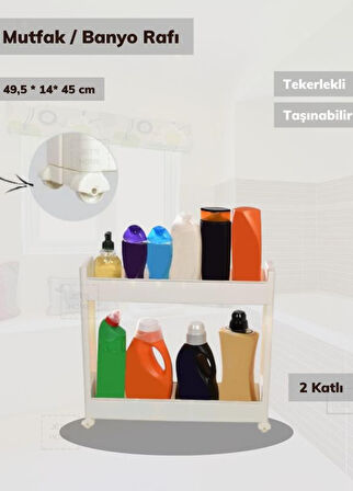2 Katlı Mutfak Rafı Tekerlekli Organizer Dar Banyo Düzenleyici Motek Beyaz Banyo Rafı