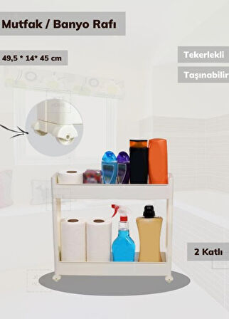 2 Katlı Mutfak Rafı Tekerlekli Organizer Dar Banyo Düzenleyici Motek Beyaz Banyo Rafı