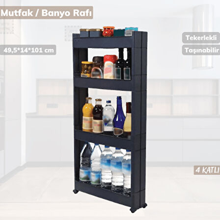 4 Katlı Mutfak Rafı Tekerlekli Organizer Dar Banyo Düzenleyici Motek Siyah Banyo Rafı