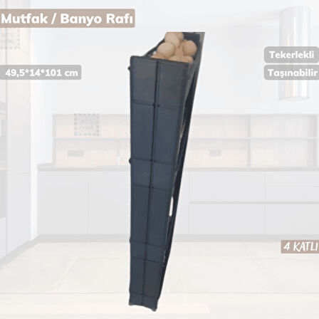 4 Katlı Mutfak Rafı Tekerlekli Organizer Dar Banyo Düzenleyici Motek Siyah Banyo Rafı