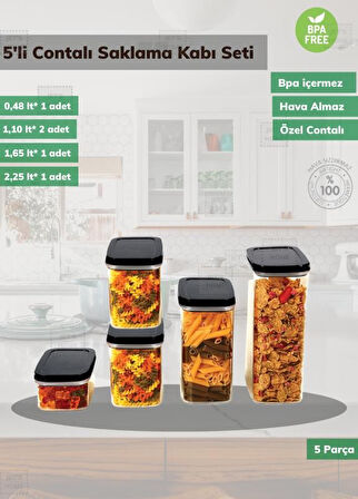5’li Saklama Kabı Seti BPA Free Sızdırmaz Erzak Kabı Hava Almaz Bakliyat Kutusu
