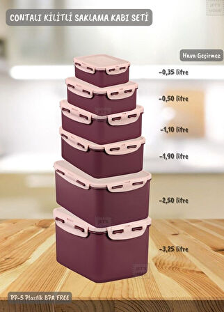 6’lı Contalı Saklama Kabı Seti Kilitleme Mekanizmalı Hava Geçirmez BPA FREE