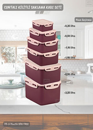 6’lı Contalı Saklama Kabı Seti Kilitleme Mekanizmalı Hava Geçirmez BPA FREE