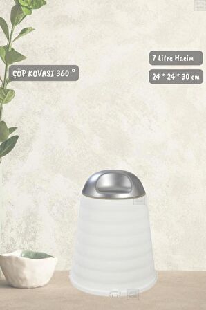 Çöp Kovası 7 Litre Hassas Kapaklı Motek 360 Dönen Kapaklı Çöp Kutusu Beyaz