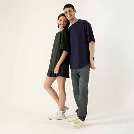 LAMPAGO Unisex Oversize Bisiklet Yaka T-shirt