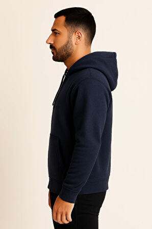 Erkek regular fit fermuarlı kapüşonlu sweatshirt (lacivert)