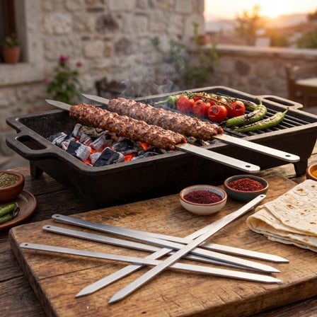 Premium Et Hazırlık Mutfak Gereci Bahçe Partisi Paslanmaz Çelik Geniş Yassı Adana Kebap Şişi 50 cm