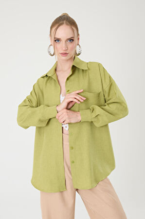 Tek Cepli Oversize Keten Gömlek- Yağ Yeşil