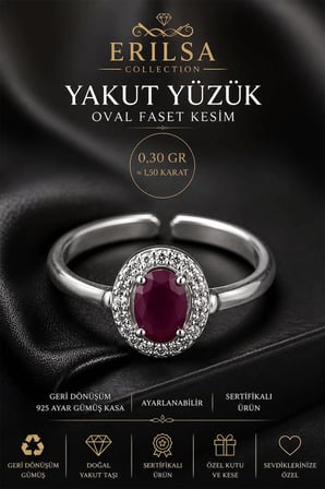 Sertifikalı Doğal Yakut Taşlı Ayarlamalı Geri Dönüşüm Gümüş Kasa Oval Faset Kesim Yüzük 1.50 Karat