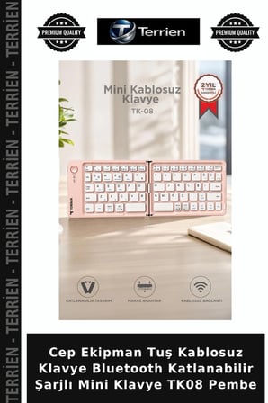 Cep Ekipman Tuş Kablosuz Klavye Bluetooth Katlanabilir Şarjlı Mini Klavye TK08 Pembe
