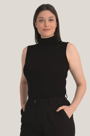 Delux Serisi Temel Parça Rahat Kesim Günlük Tarz Kadın Siyah Balıkçı Yaka 2'li Kolsuz Body