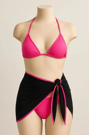 Kadın Fuşya Siyah 3’lü Pareolu Bikini Takımı