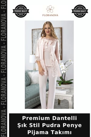 Premium Dantelli Şık Stil Pudra Penye Pijama Takımı