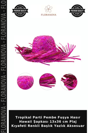 Tropikal Parti Pembe Fuşya Hasır Hawaii Şapkası 13x36 cm Plaj Kıyafeti Renkli Başlık Yazlık Aksesuar
